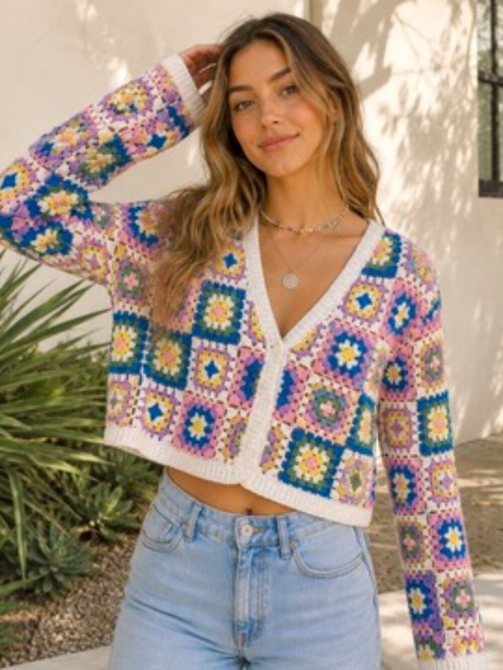 L.A. Hearts Granny Square Crochet Cardigan Boho Cotton Cottagecore OS Best S/M